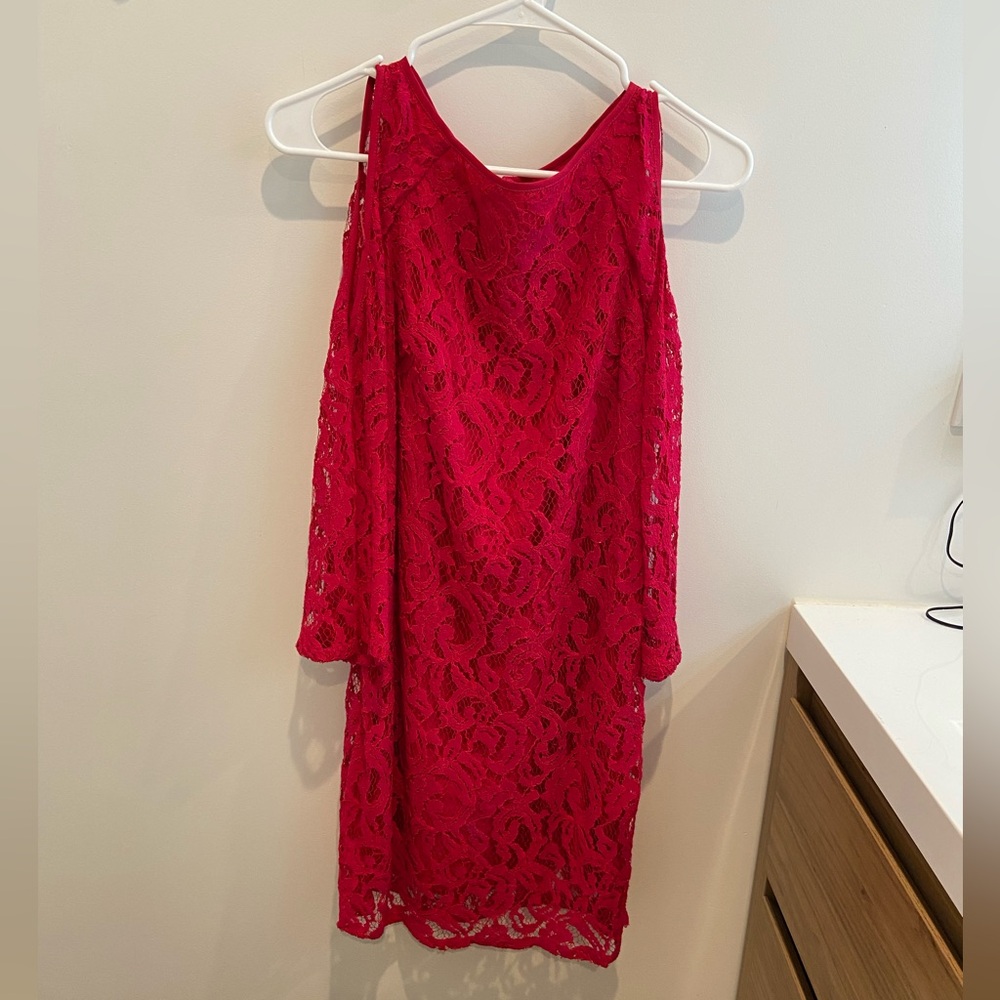 Adrianna Papell Red Lace Cold Shoulder Dress 2